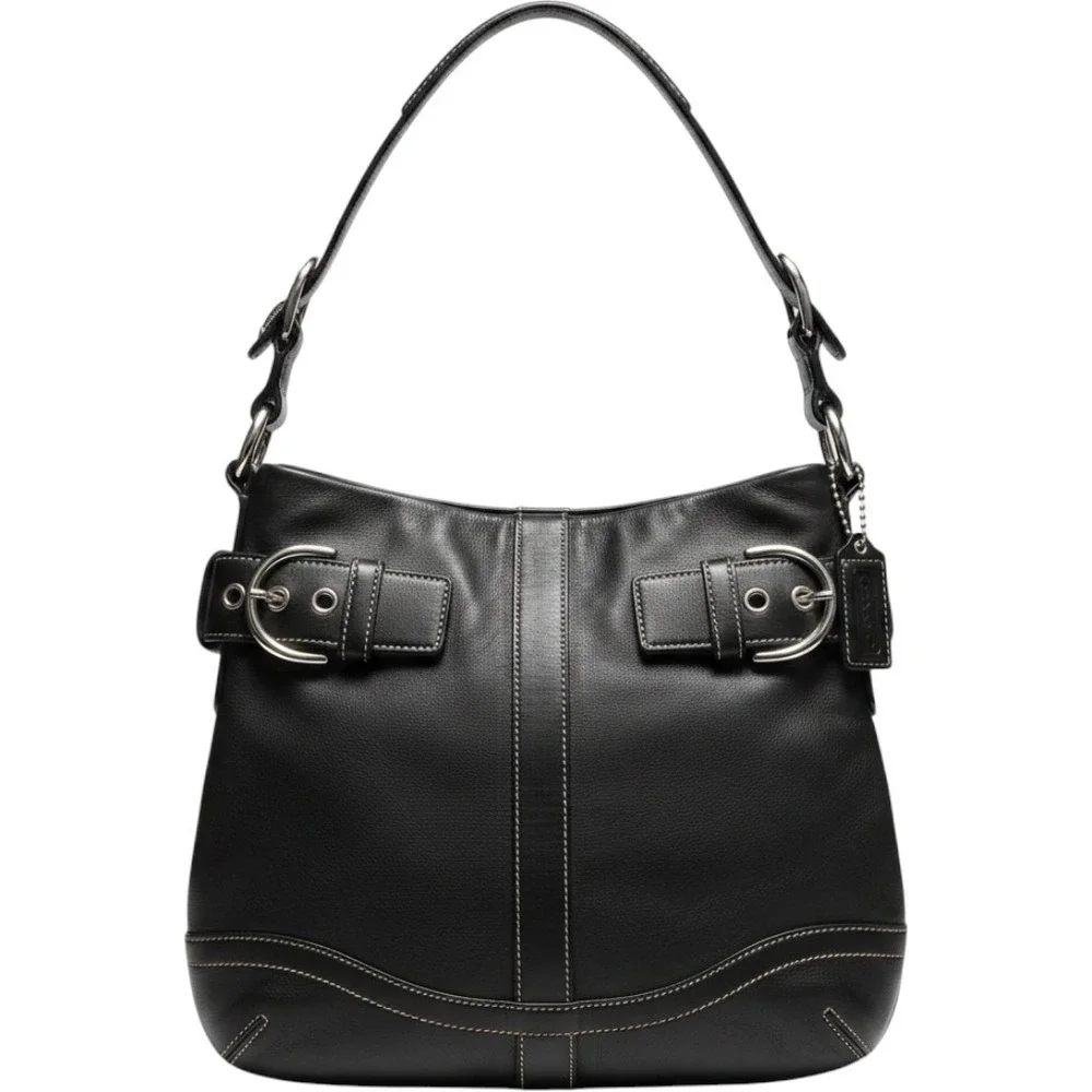 Coach Soho Black Leather Buckle Hobo Shoulder Bag White Stitching EUC